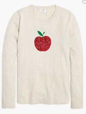 J. Crew Teddie Cotton Crewneck Sweater Red Sequin Apple Size Large EUC